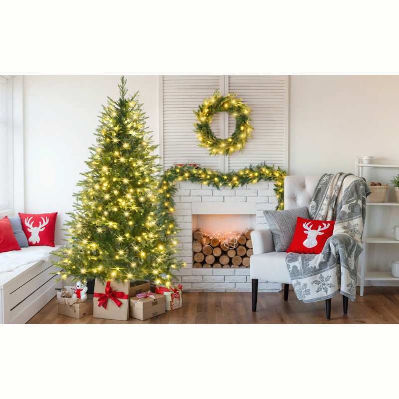 The Holiday Aisle 6ft Pre Lit Aspen Fir Artificial Christmas Tree with Wreath Garland Grass Green Xmas Tree with 380 Multi Color LED Lights 11 Lighting Modes 861 PE